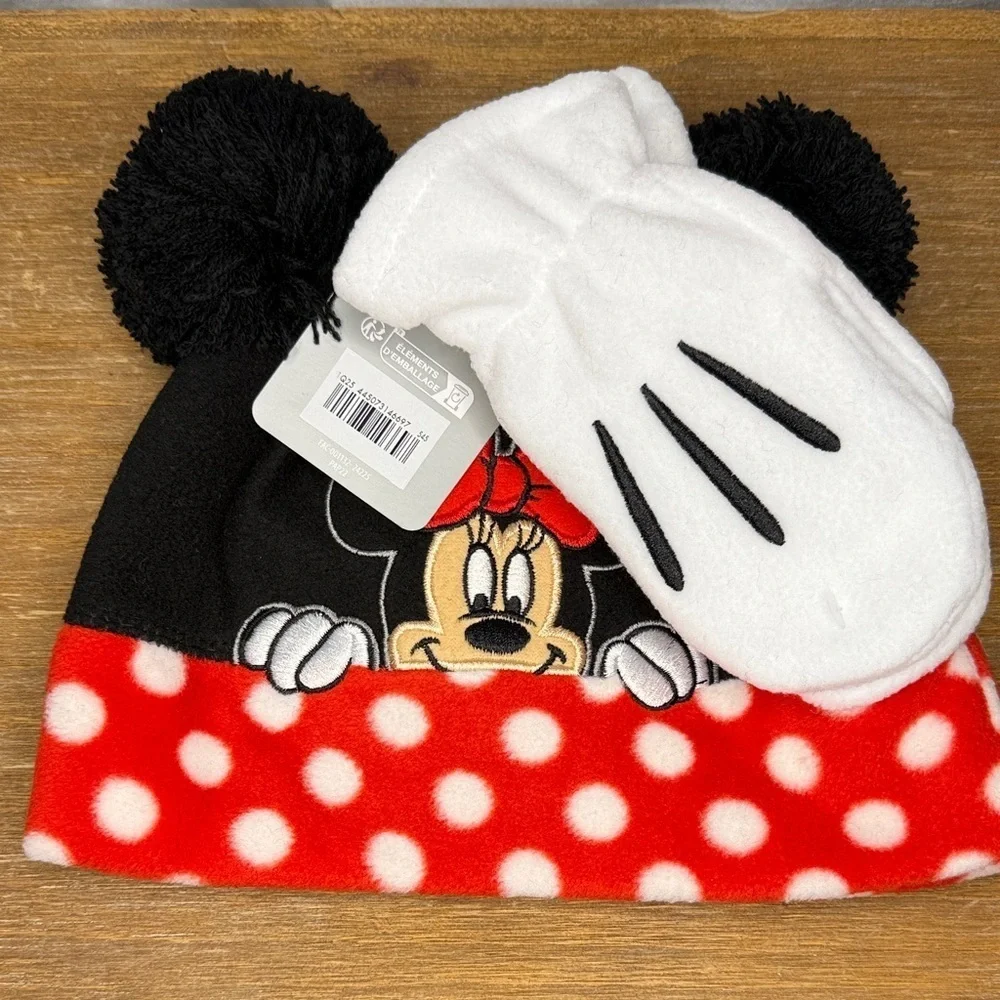 Disney Minnie Mouse Hat & Gloves Toddler Polka Dot Pom Pom Ears NWT